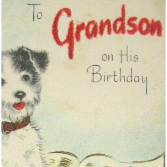 Hallmark Card Happy Birthday Day 1950 Used Flocked Slippers Grandson Dog - Picture 2 of 7